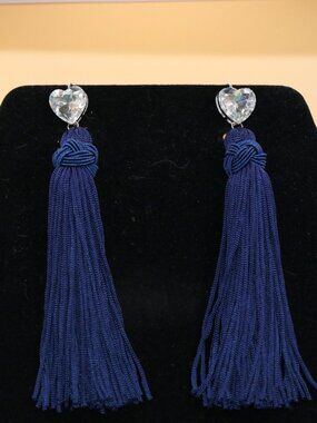 Hill House Heart and Navy Tassel Earrings 4" long